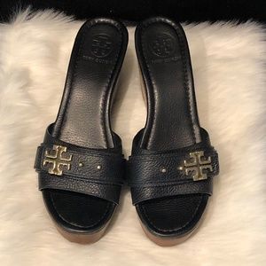Size 9.5 Tory Burch black leather wedges